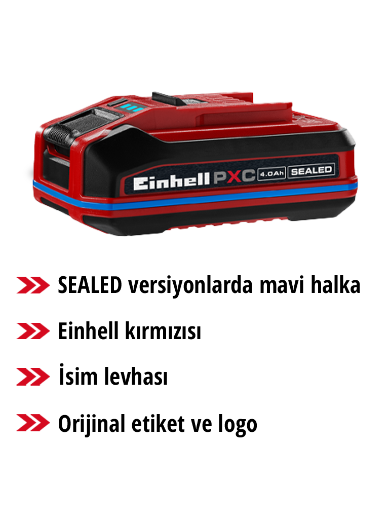 Mavi halkalı, tip etiketi ve orijinal marka kimliği bulunan Einhell Power X-Change SEALEAD bataryasının genel görünüm grafiği.