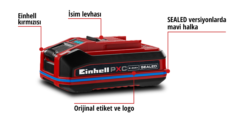 Mavi halkalı, tip etiketi ve orijinal marka kimliği bulunan Einhell Power X-Change SEALEAD bataryasının genel görünüm grafiği.