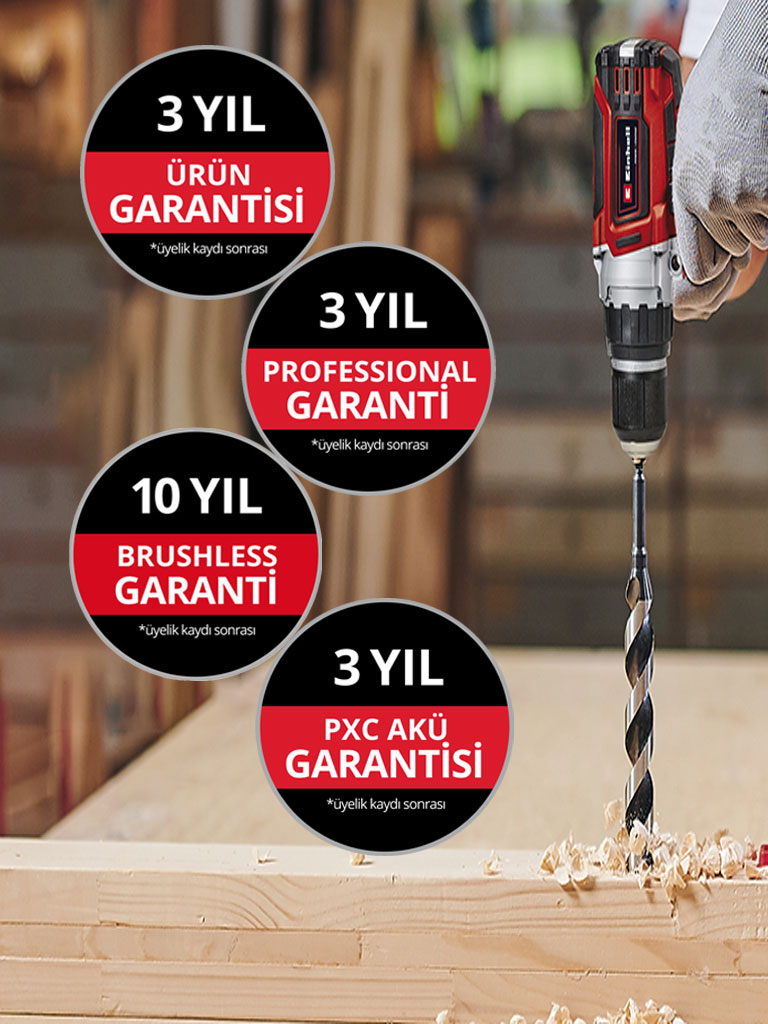  Burada bir atölyede Einhell matkap kullanan bir adam görebilirsiniz. Ek olarak, farklı garanti uzatma türleri için simgeler resmin üzerine yerleştirilmiştir. Aşağıdaki garanti uzatmaları mümkündür: ‘Ürün garantisi’, ‘Professional garanti’, ‘Brushless garanti’, ‘PXC Akü garantisi’.