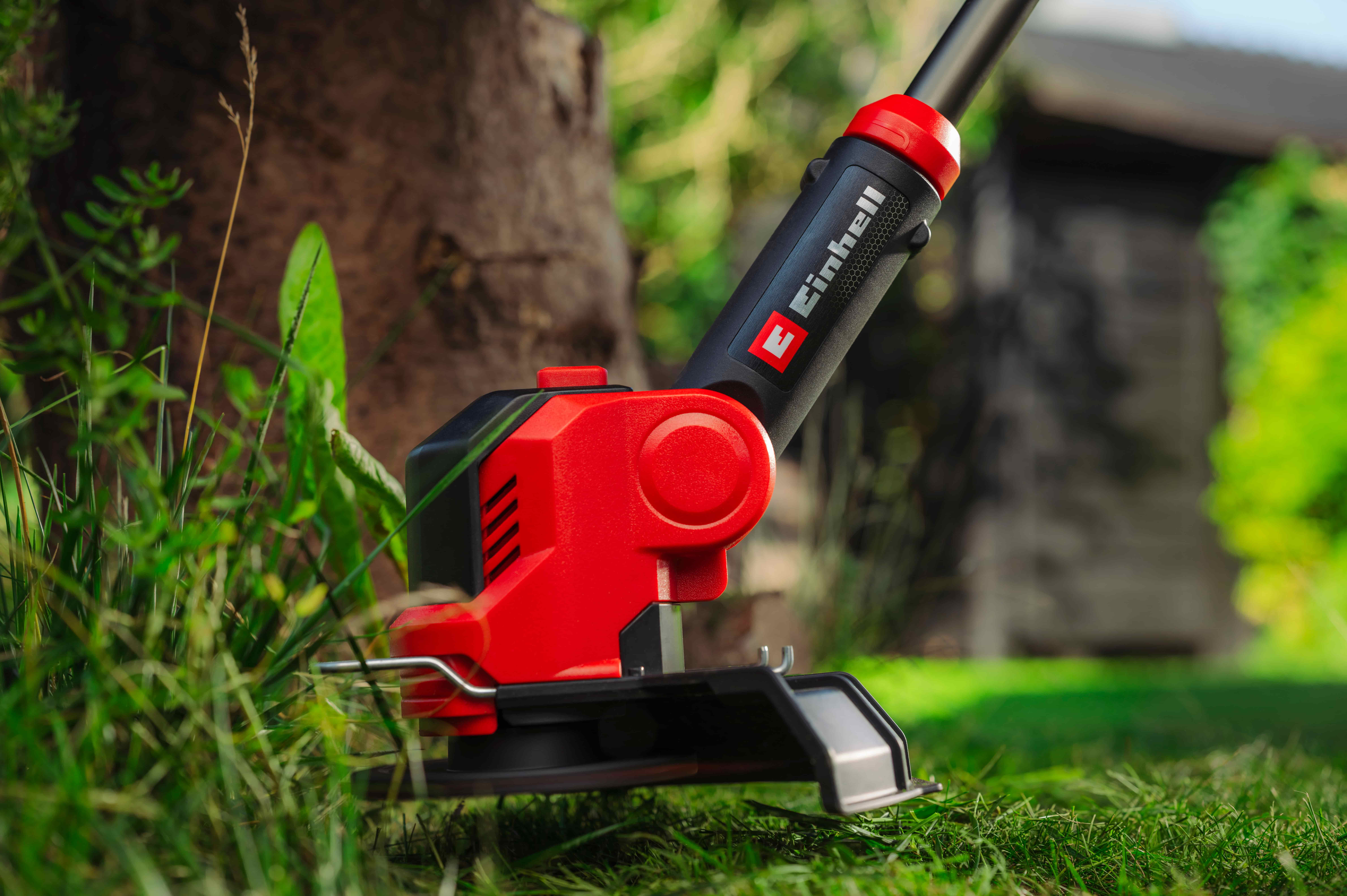 Einhell misina çim kesme makinesi bahçede ağac etrafındaki çimleri kesiyor.